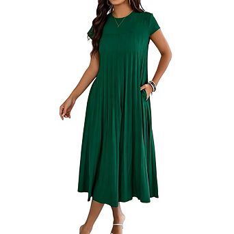 Women's Loose Fit Short Sleeve Pleated with Pocket Solid Crew Neck Casual Midi Dress
