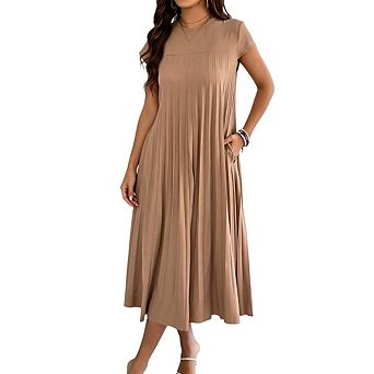 Women's Loose Fit Short Sleeve Pleated with Pocket Solid Crew Neck Casual Midi Dress