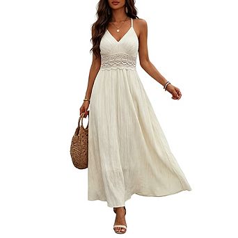 Women's Lace Back Spaghetti Strap V-Neck Crochet Waist Flowy A-Line Boho Beach Vacation Maxi Dress