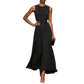 Women's Polka Dots Vintage Mock Neck Sleeveless Flowy Elegant Maxi Tank Dress