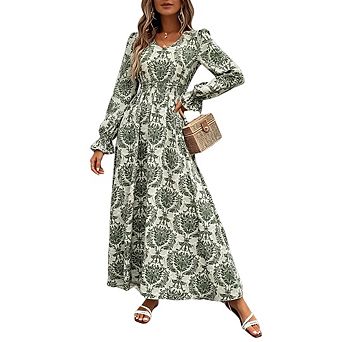 Women's V Neck Long Sleeve Floral Print High Waist Casual Boho Stylish Maxi Dress