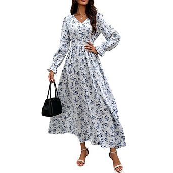 Women's V Neck Long Sleeve Floral Print High Waist Casual Boho Stylish Maxi Dress
