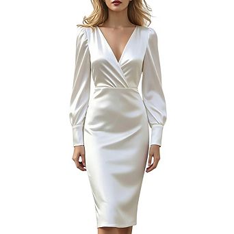 Women Long Sleeve Satin Elegant Deep V-Neck Work Sheath Bodycon Midi Dress