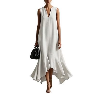 Womens Asymmetrical V Neck Sleeveless Casual Flowy Beach A-Line Boho Maxi Dress