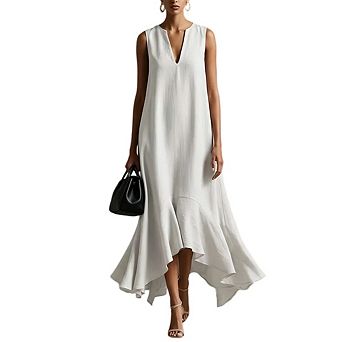 Womens Asymmetrical V Neck Sleeveless Casual Flowy Beach A-Line Boho Maxi Dress