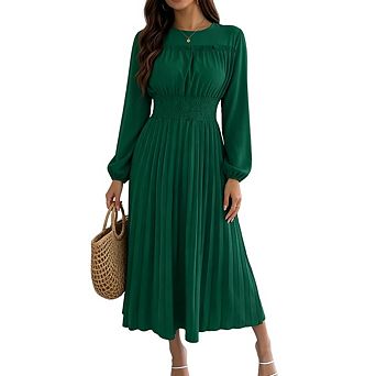 Womens Long Sleeve Trendy Elegant Crew Neck Flowy Holiday Formal Midi Dress
