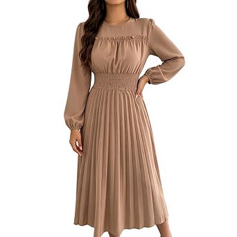 Womens Long Sleeve Trendy Elegant Crew Neck Flowy Holiday Formal Midi Dress