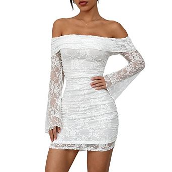 Women's Lace Off Shoulder Solid Color Ruched Bell Sleeve Bodycon Party Mini Dresses