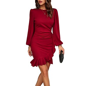 Women’s Long Sleeve Bodycon Elegant Ruched Puff Sleeve Ruffle Hem Round Neck Mini Dress