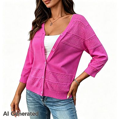 Women's Crew Neck Button Down Open Front Casual Cropped Long Sleeve Cardigan Sweater
