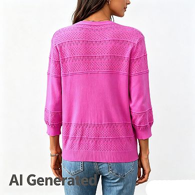 Women's Crew Neck Button Down Open Front Casual Cropped Long Sleeve Cardigan Sweater