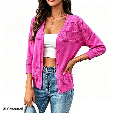 Women's Crew Neck Button Down Open Front Casual Cropped Long Sleeve Cardigan Sweater