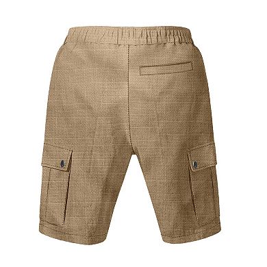 Men Elastic Waist Cargo Shorts Drawstring Multi Pocket Knee Length Casual Walk Shorts