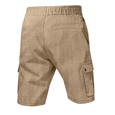 Men Elastic Waist Cargo Shorts Drawstring Multi Pocket Knee Length Casual Walk Shorts