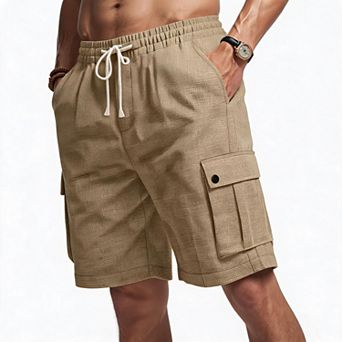 Men Elastic Waist Cargo Shorts Drawstring Multi Pocket Knee Length Casual Walk Shorts