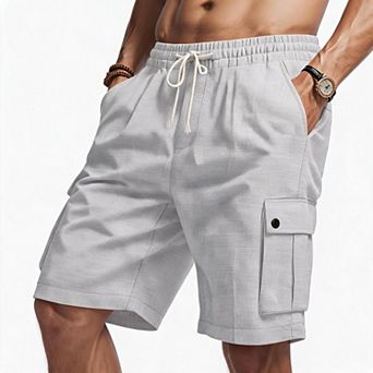 Men Elastic Waist Cargo Shorts Drawstring Multi Pocket Knee Length Casual Walk Shorts