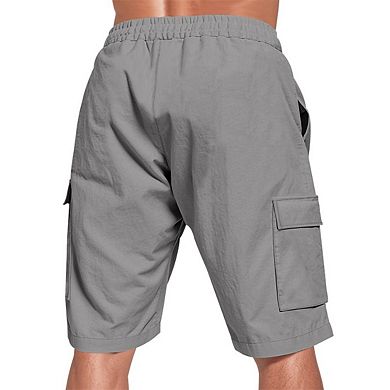 Men Elastic Drawstring Cargo Shorts Knee Length Lightweight Multi Pocket Casual Walk Shorts