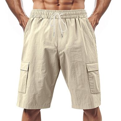 Men Elastic Drawstring Cargo Shorts Knee Length Lightweight Multi Pocket Casual Walk Shorts
