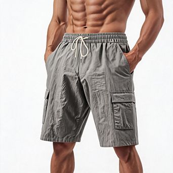 Men Elastic Drawstring Cargo Shorts Knee Length Lightweight Multi Pocket Casual Walk Shorts