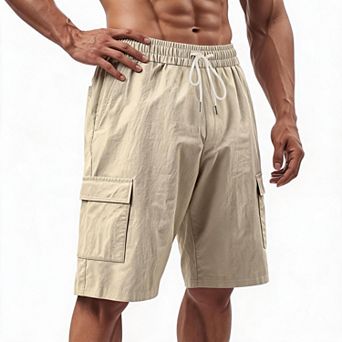 Men Elastic Drawstring Cargo Shorts Knee Length Lightweight Multi Pocket Casual Walk Shorts