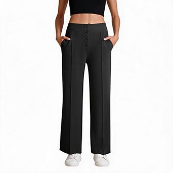 Womens High Waist Straight Leg Pants Casual Button Business Dress Work Trousers with Pocket
