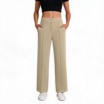 Womens High Waist Straight Leg Pants Casual Button Business Dress Work Trousers with Pocket