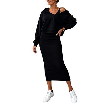 Women 2 pc Outfits Casual Long Sleeve Pullover Hoodie Tops with Sleeveless Midi Bodycon Dress Set