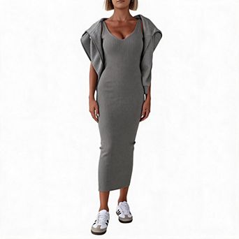 Women 2 pc Outfits Casual Long Sleeve Pullover Hoodie Tops with Sleeveless Midi Bodycon Dress Set