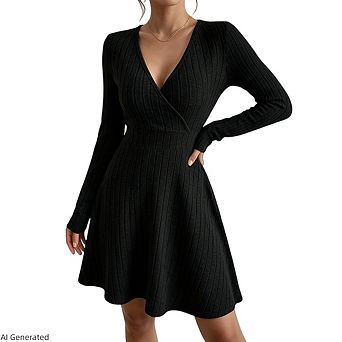 Womens Casual Deep V Neck Long Sleeve Slim Fit Wrap A-Line Knit Dress