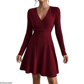 Womens Casual Deep V Neck Long Sleeve Slim Fit Wrap A-Line Knit Dress
