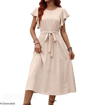 Women's Belted A-Line Swing Modest Casual Boho Flutter Sleeve Solid Color Beach Midi Dress