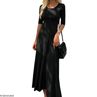Women Solid Color Casual Long Sleeve Crew Neck Elegant Flowy Cocktail Party Midi Dresses