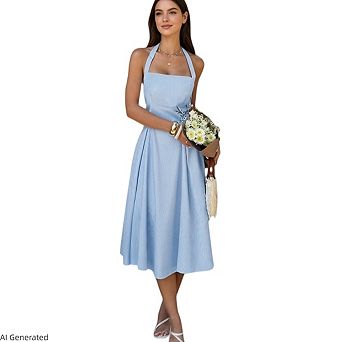 Women's Sleeveless Halter High Waist Flowy Formal Wedding Guest Midi Dress