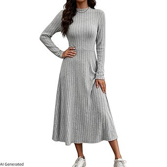 Women's Long Sleeve Crewneck Ribbed Knit A-Line Midi Dresses