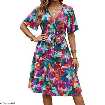 Women's Floral A Line V Neck Short Sleeve Flowy Casual Long Sundress