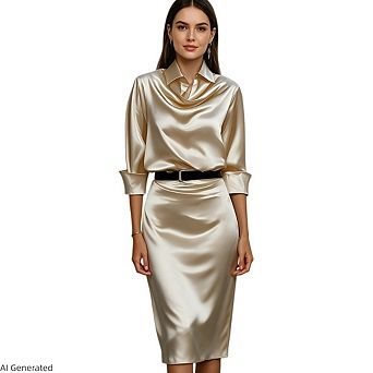 Women 3/4 Sleeve Satin Collared Business Casual Vintage Party Midi Dresses