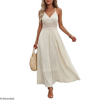 Women's Halter Spaghetti Lace Waist Sleeveless V-Neck Back Lace Strap Flowy Casual Maxi Dress