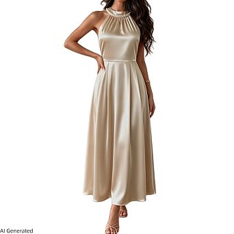 Women's Pearl Collar Halter Satin A-Line Maxi Dress