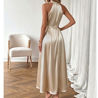 Women's Pearl Collar Halter Satin A-Line Maxi Dress