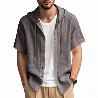 Men Short Sleeve Hooded Button Shirt Lightweight Textured Drawstring Hood Casual Shacket
