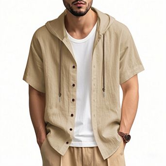 Men Short Sleeve Hooded Button Shirt Lightweight Textured Drawstring Hood Casual Shacket