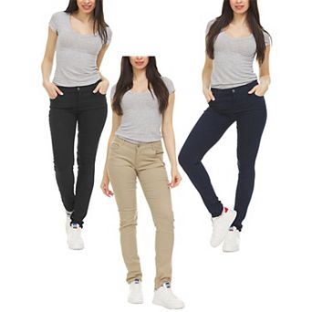 Authentic Galaxy Women's Super Stretchy Skinny 5-Pocket Uniform Soft Chino Pants-3 Pack