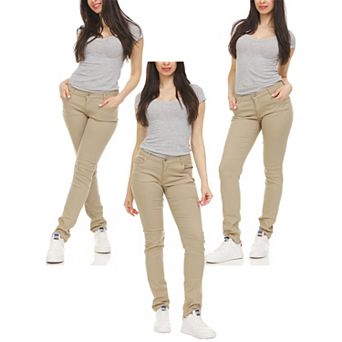 Authentic Galaxy Women's Super Stretchy Skinny 5-Pocket Uniform Soft Chino Pants-3 Pack