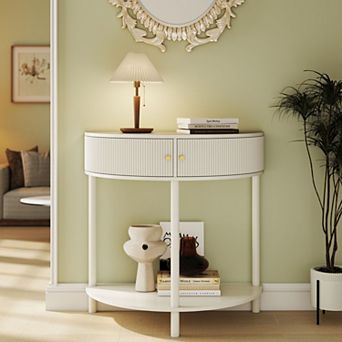 Artisan-Crafted Wave-Pattern Demi-Lune Console Table with Creamy White Finish,Unique Half Moon