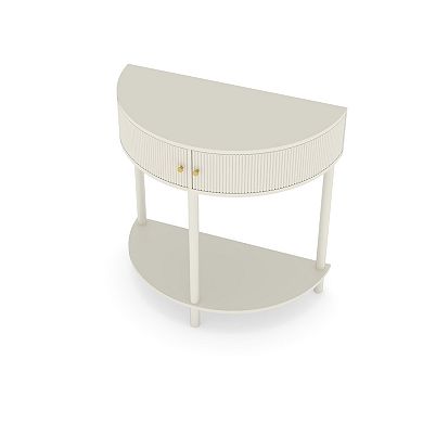 Artisan-Crafted Wave-Pattern Demi-Lune Console Table with Creamy White Finish,Unique Half Moon