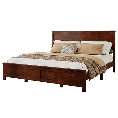 Pnronnc Farmhouse Platform Bed Frame with Barn Door Headboard and Footboard