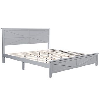Pnronnc Farmhouse Platform Bed Frame with Barn Door Headboard and Footboard