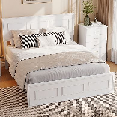 Pnronnc Farmhouse Wood Low-Profile Platform Bed Frame with Adjustable Geometric Headboard
