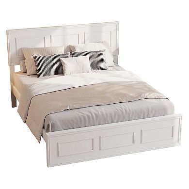 Pnronnc Farmhouse Wood Low-Profile Platform Bed Frame with Adjustable Geometric Headboard