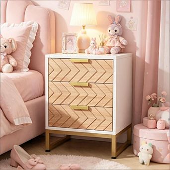 Modern Bedside Nightstand with Metal Frame 3 Drawers Bedside End Table for Bedroom Furniture And